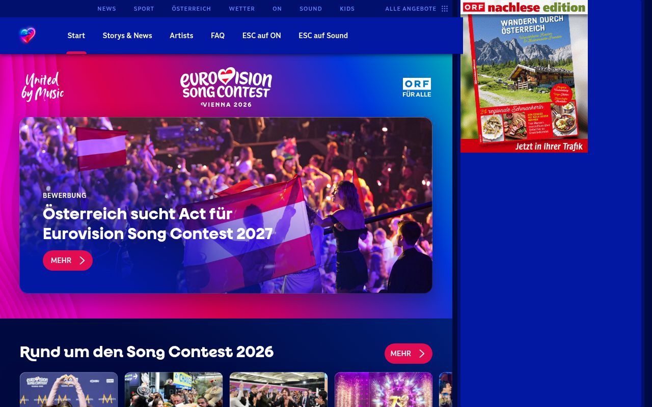 Homepage screenshot of songcontest.orf.at