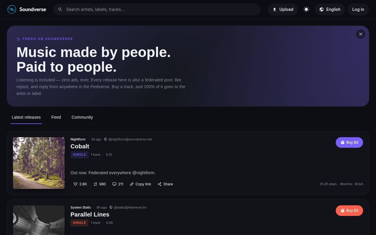 Homepage screenshot of soundverse.net
