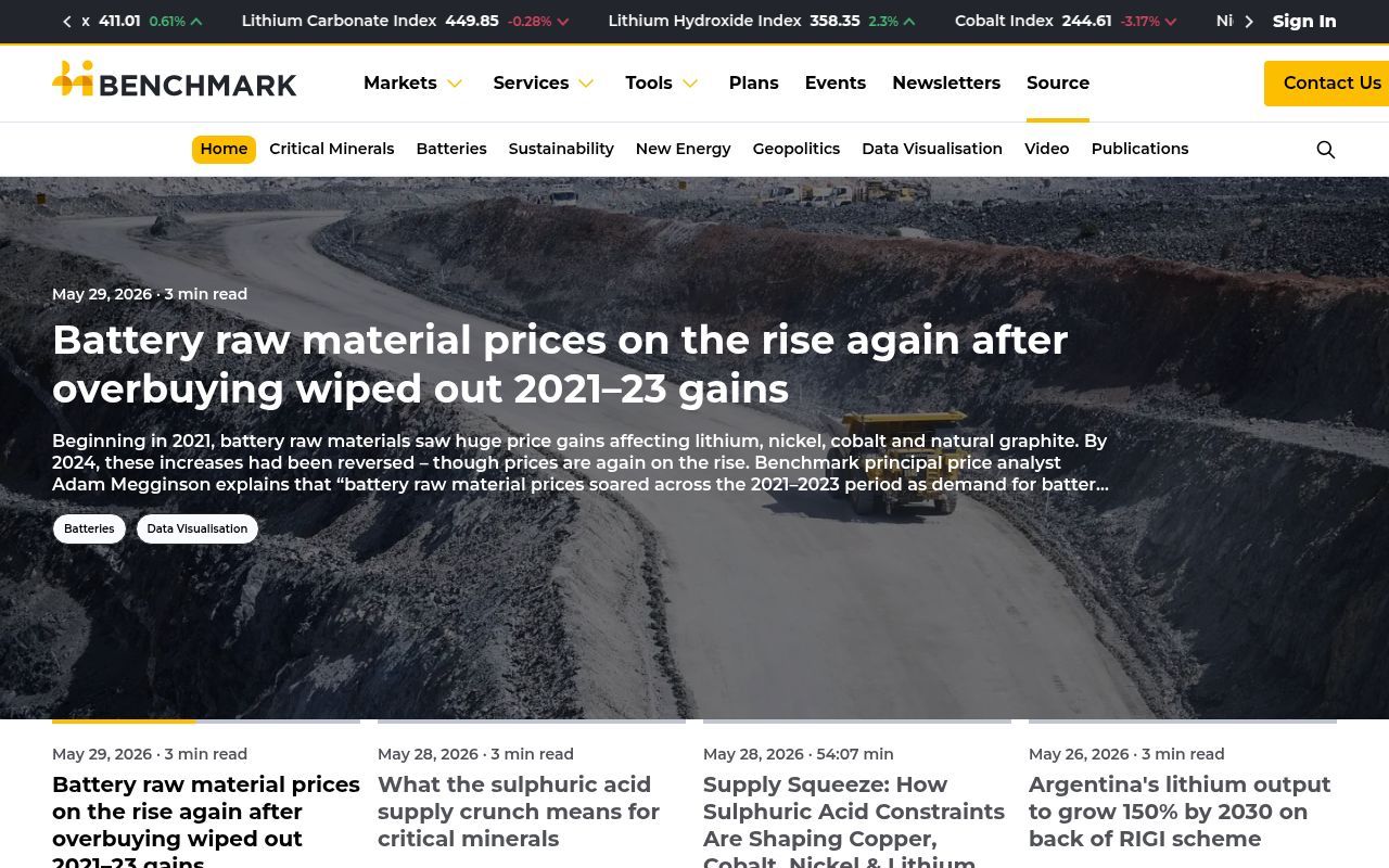 Homepage screenshot of source.benchmarkminerals.com