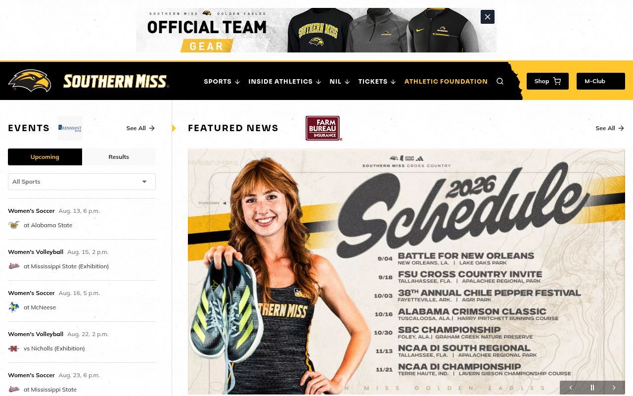 Homepage screenshot of southernmiss.com