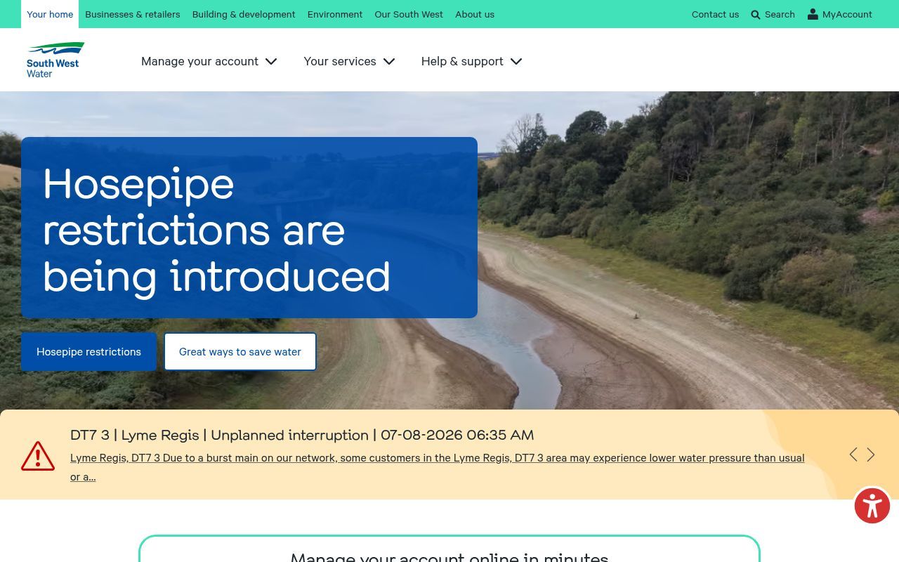 Homepage screenshot of southwestwater.co.uk