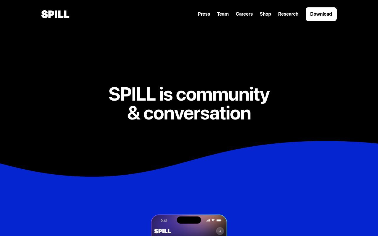 Homepage screenshot of spill.com