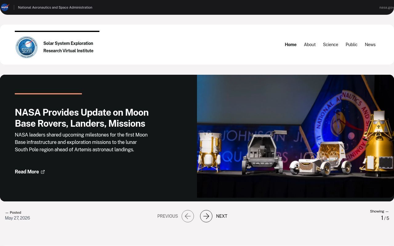 Homepage screenshot of sservi.nasa.gov