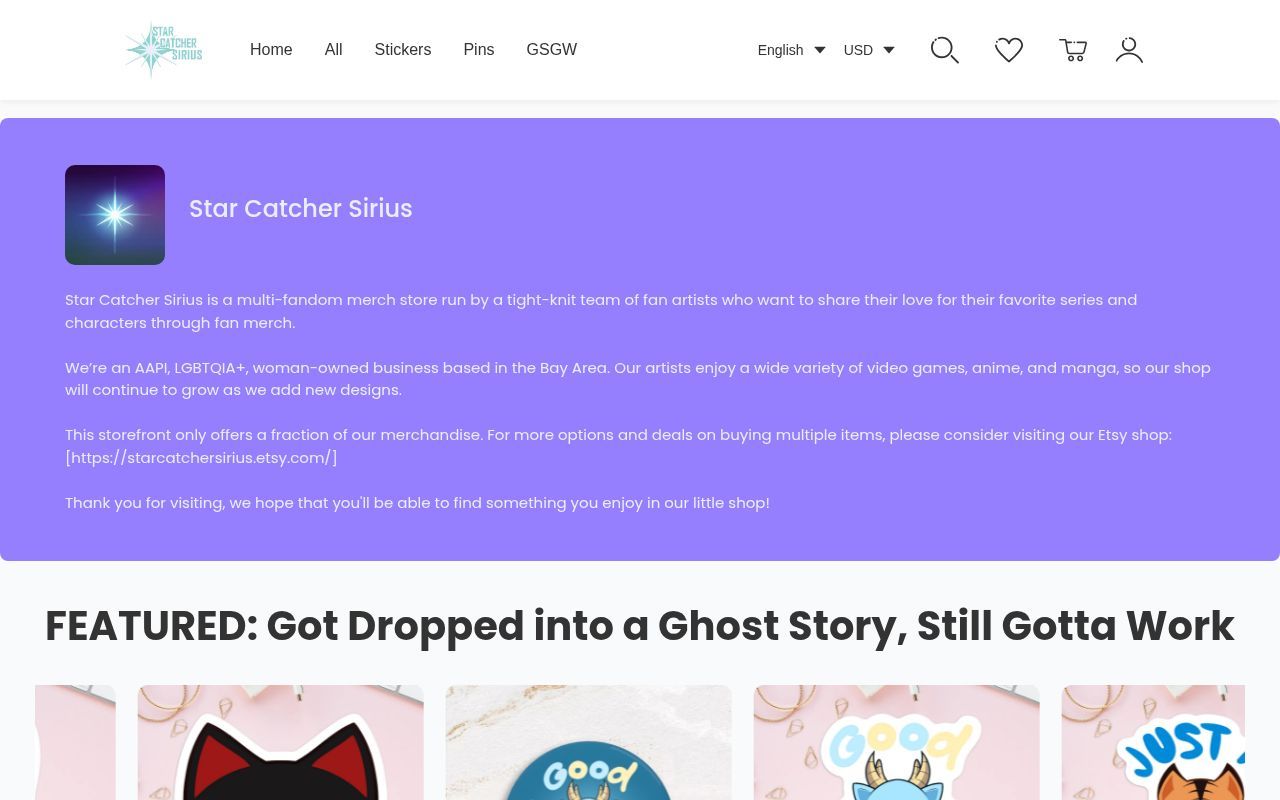 Homepage screenshot of starcatchersirius.artiststore.com