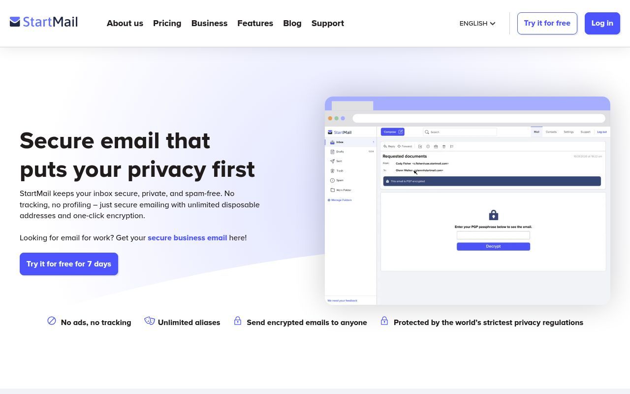 Homepage screenshot of startmail.com