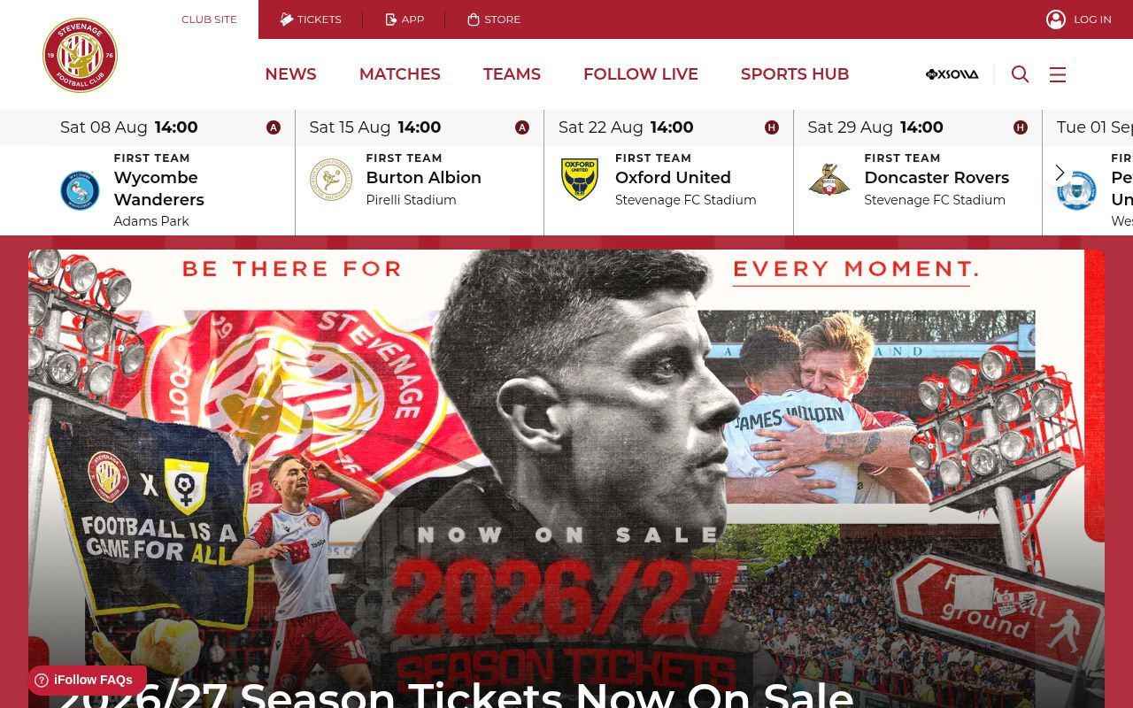 Homepage screenshot of stevenagefc.com