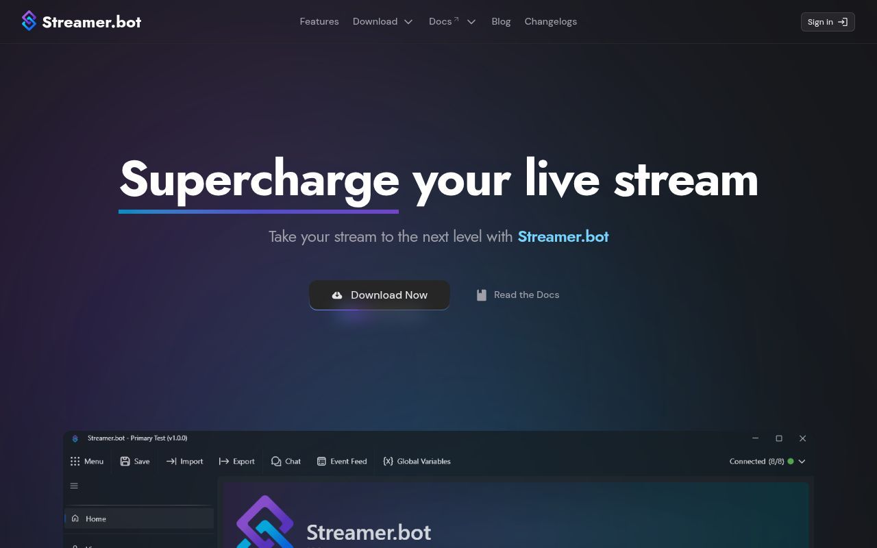 Homepage screenshot of streamer.bot