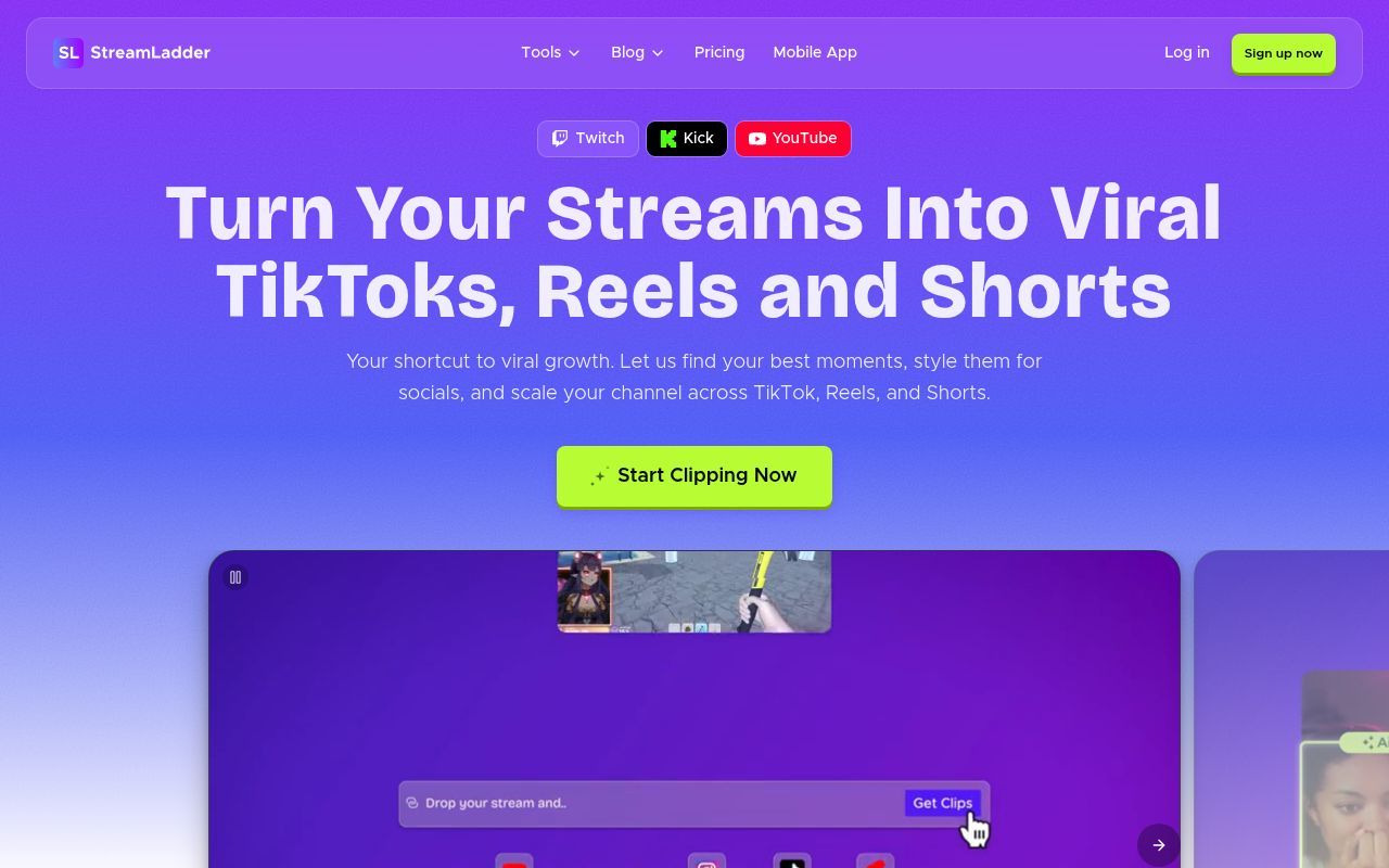 Homepage screenshot of streamladder.com