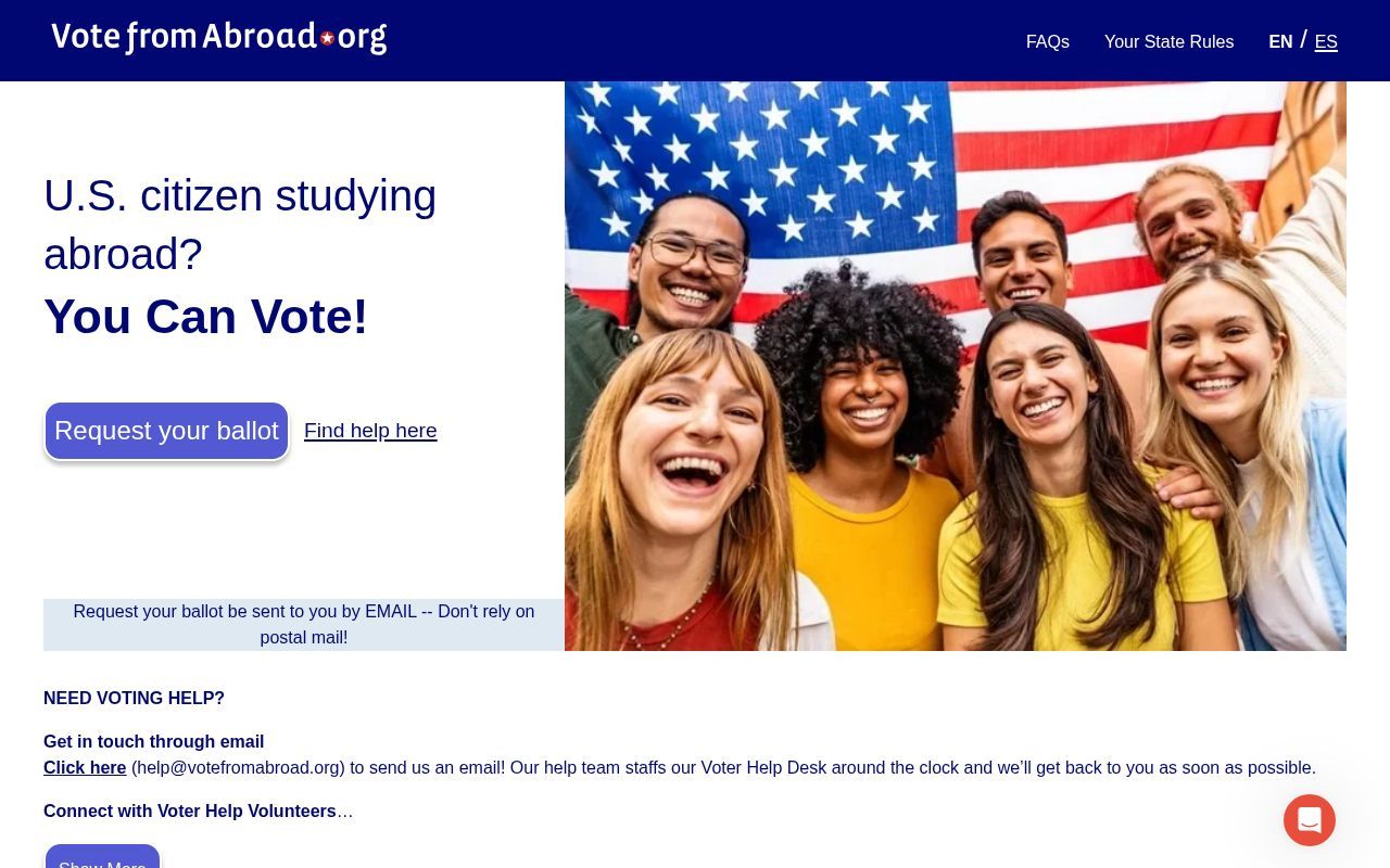 Homepage screenshot of students.votefromabroad.org