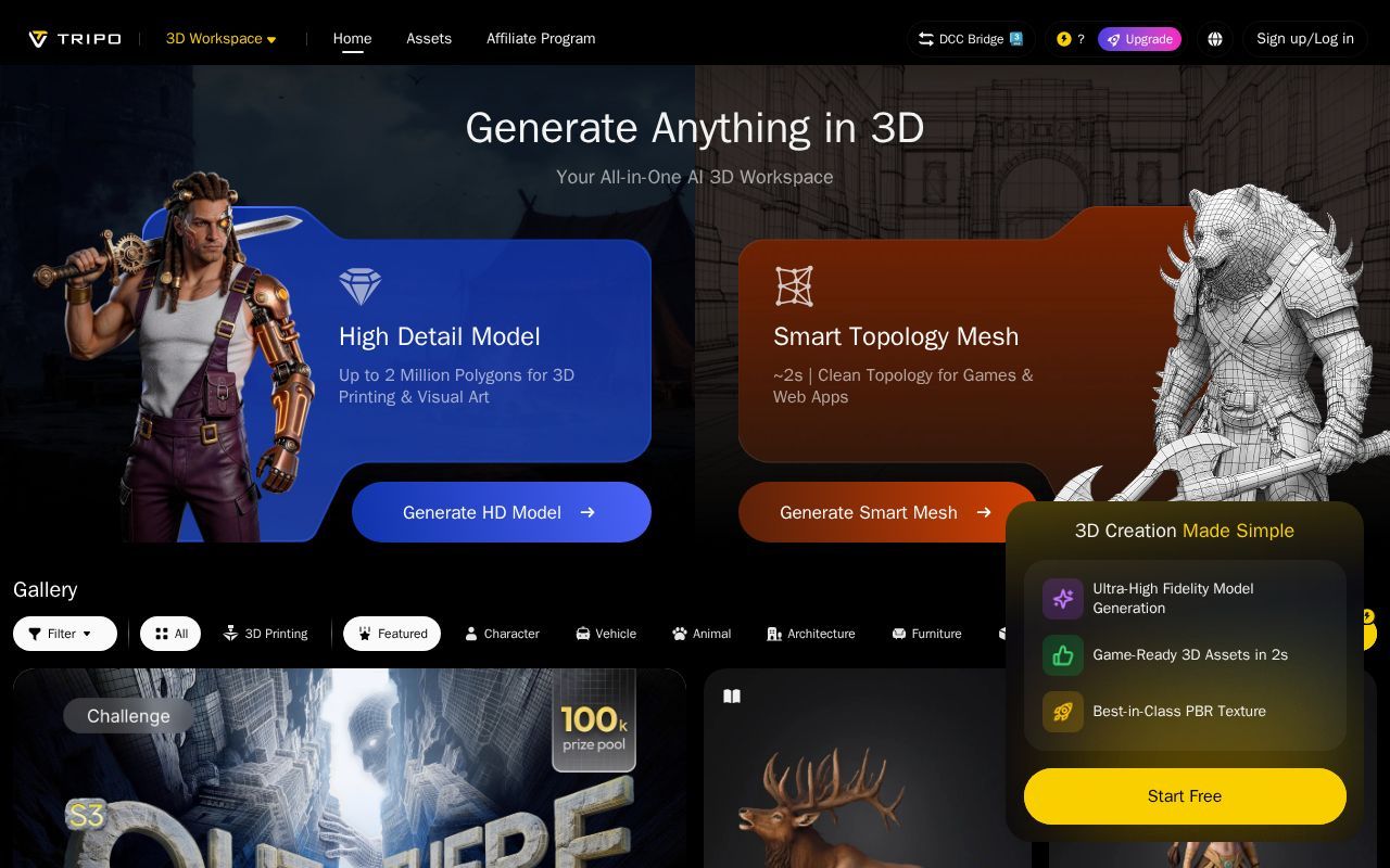 Homepage screenshot of studio.tripo3d.ai