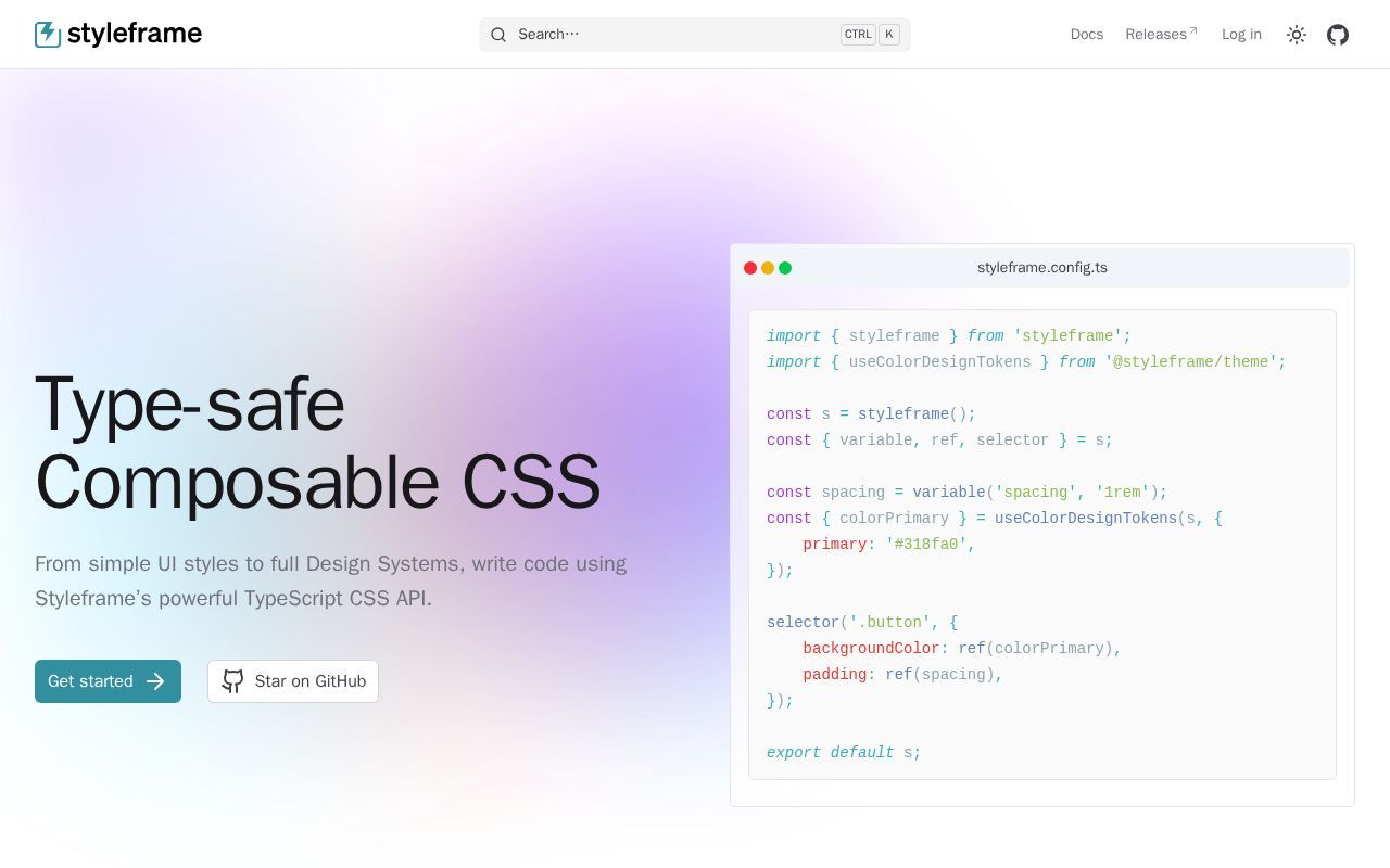 Homepage screenshot of styleframe.dev