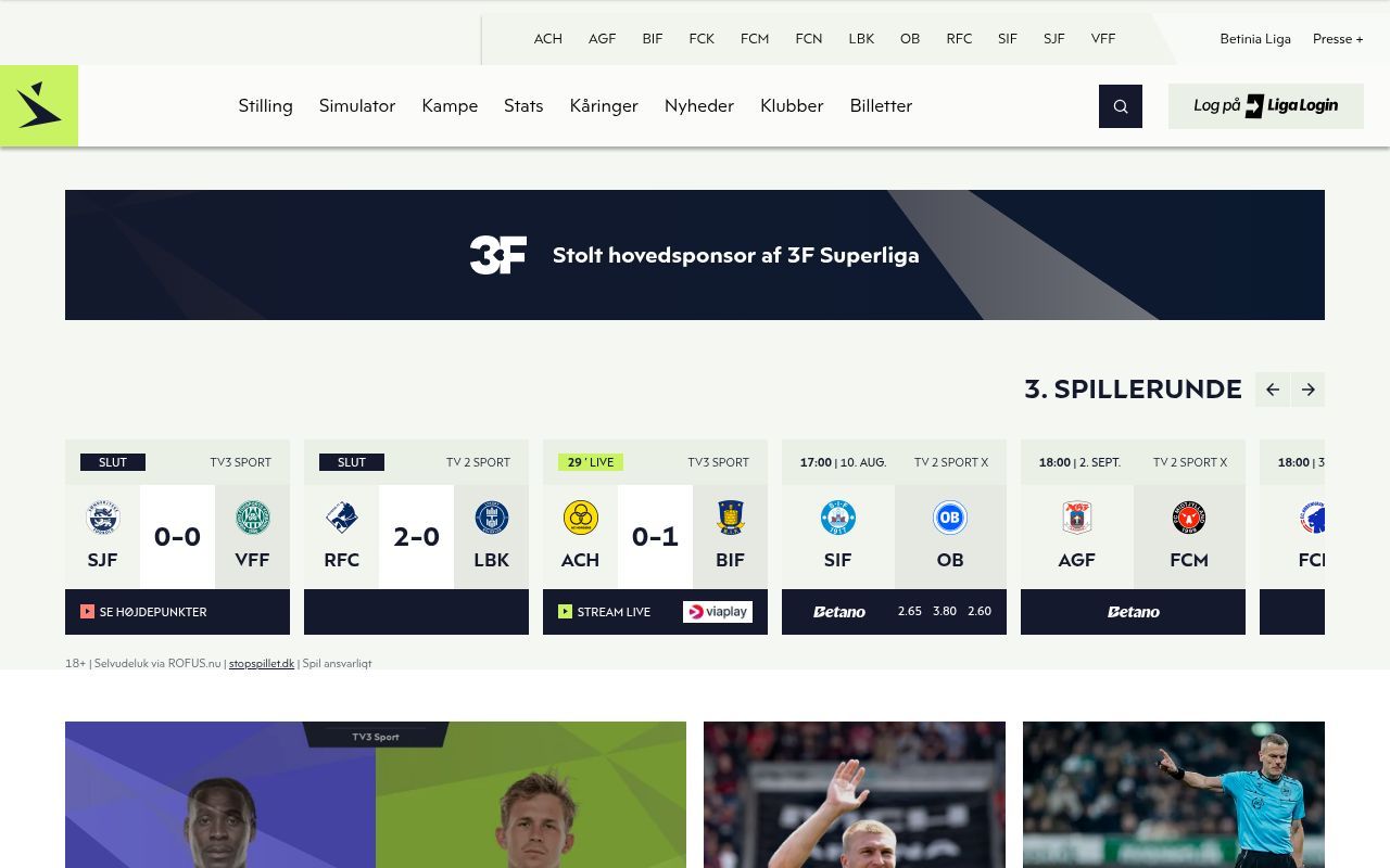 Homepage screenshot of superliga.dk
