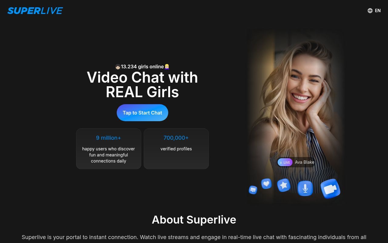 Homepage screenshot of superlive.chat