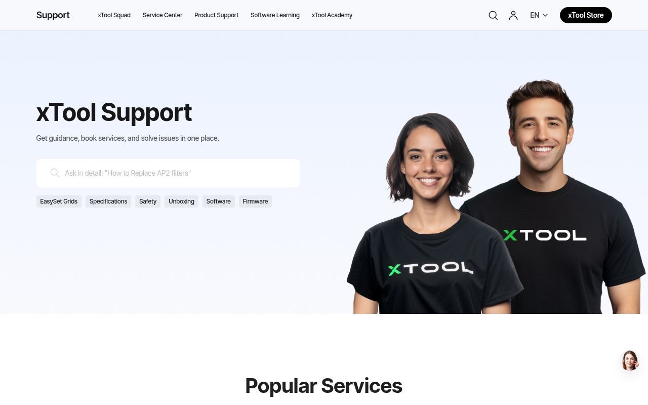 Homepage screenshot of support.xtool.com
