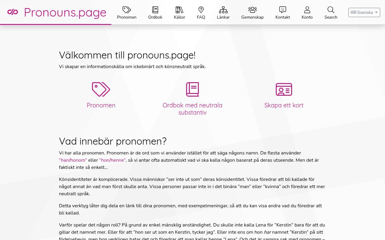 Homepage screenshot of sv.pronouns.page