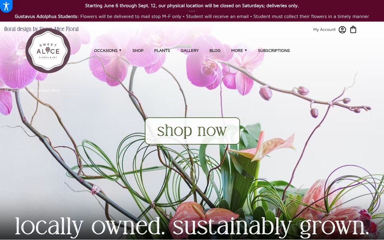 Homepage screenshot of sweetalicefloral.com