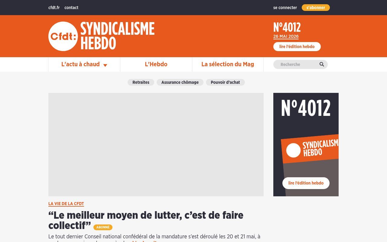 Homepage screenshot of syndicalismehebdo.fr