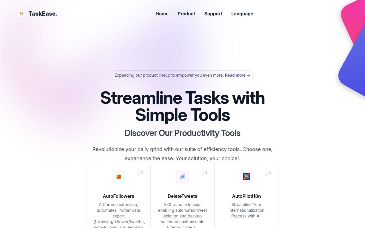 Homepage screenshot of taskease.info