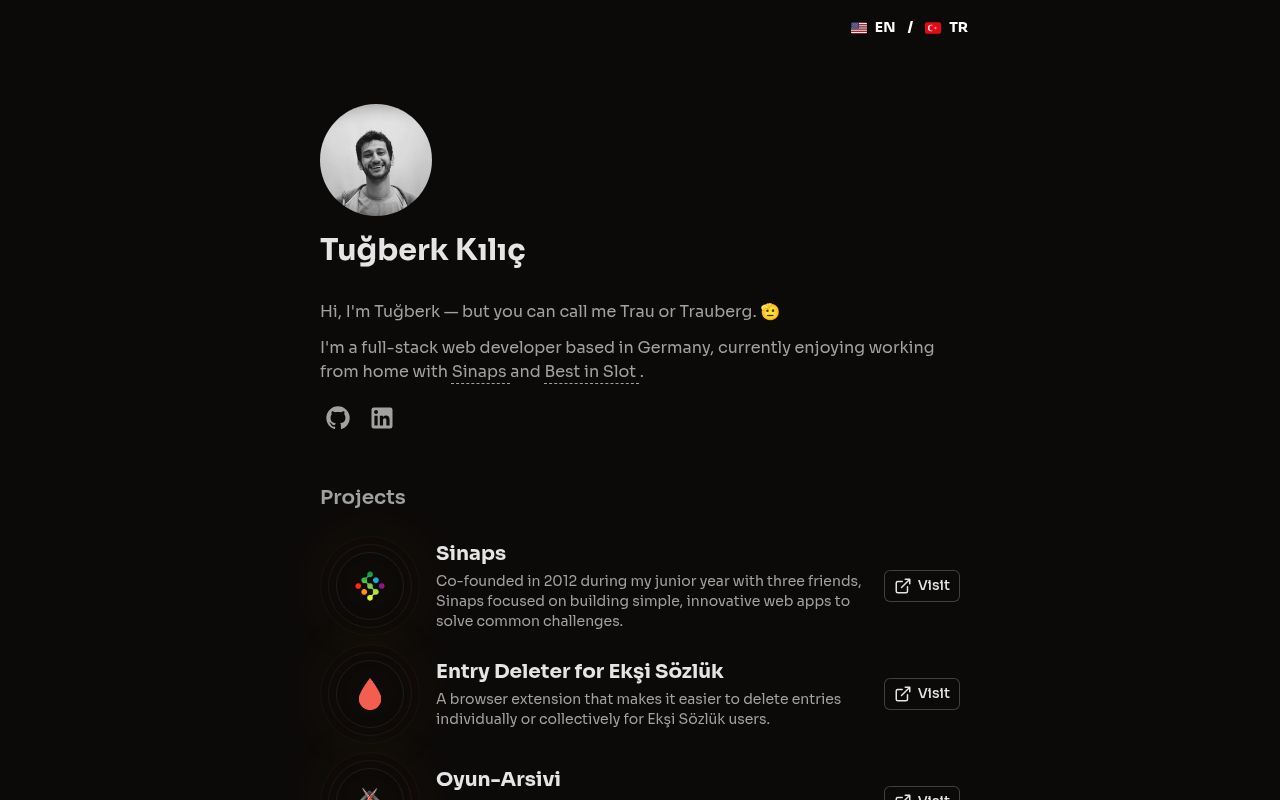 Homepage screenshot of tberk.com