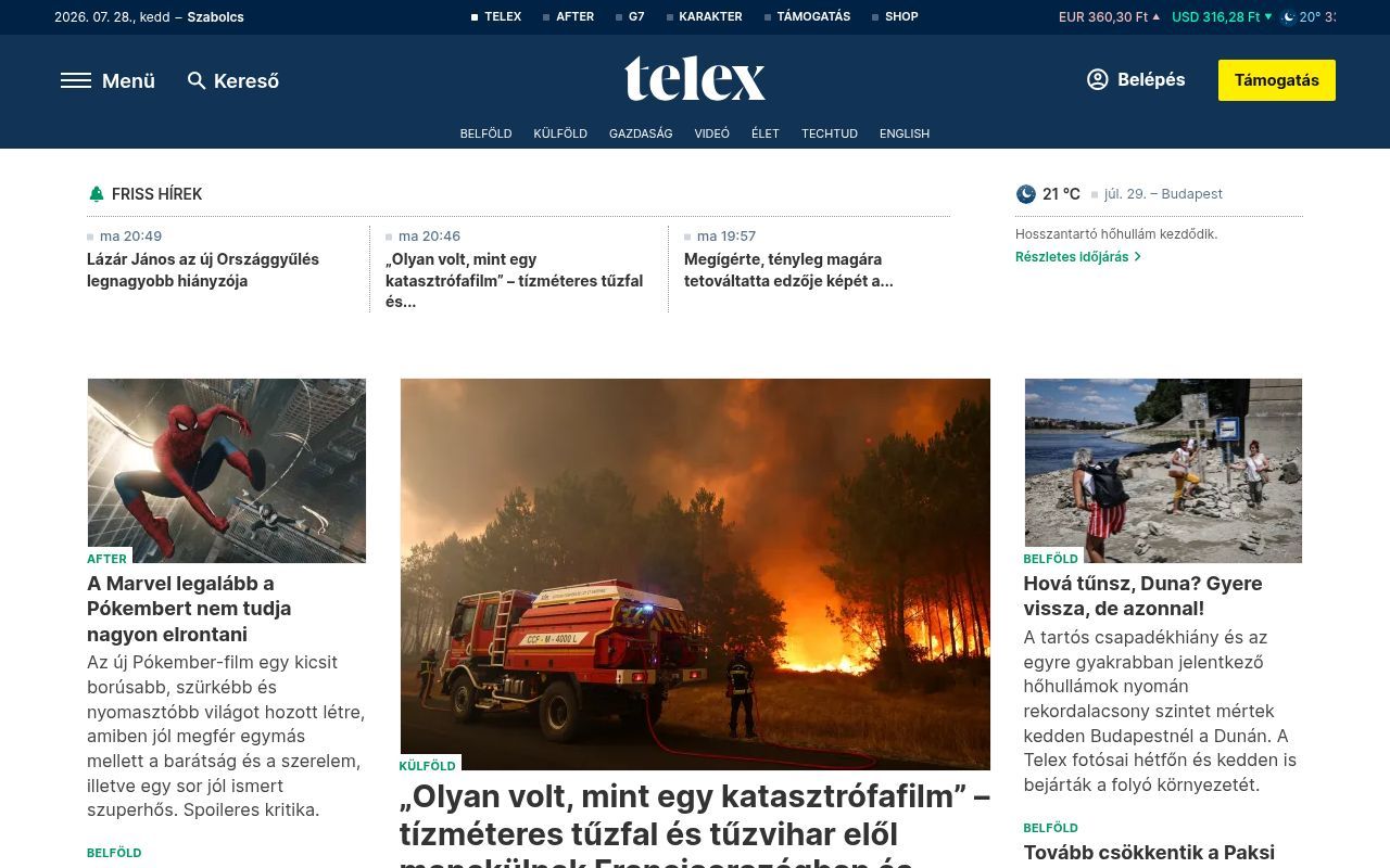 Homepage screenshot of telex.hu