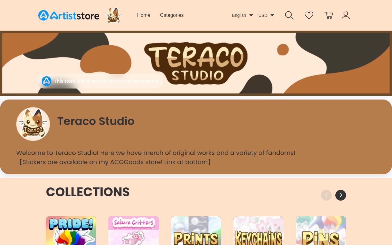 Homepage screenshot of teracostudio.artiststore.com