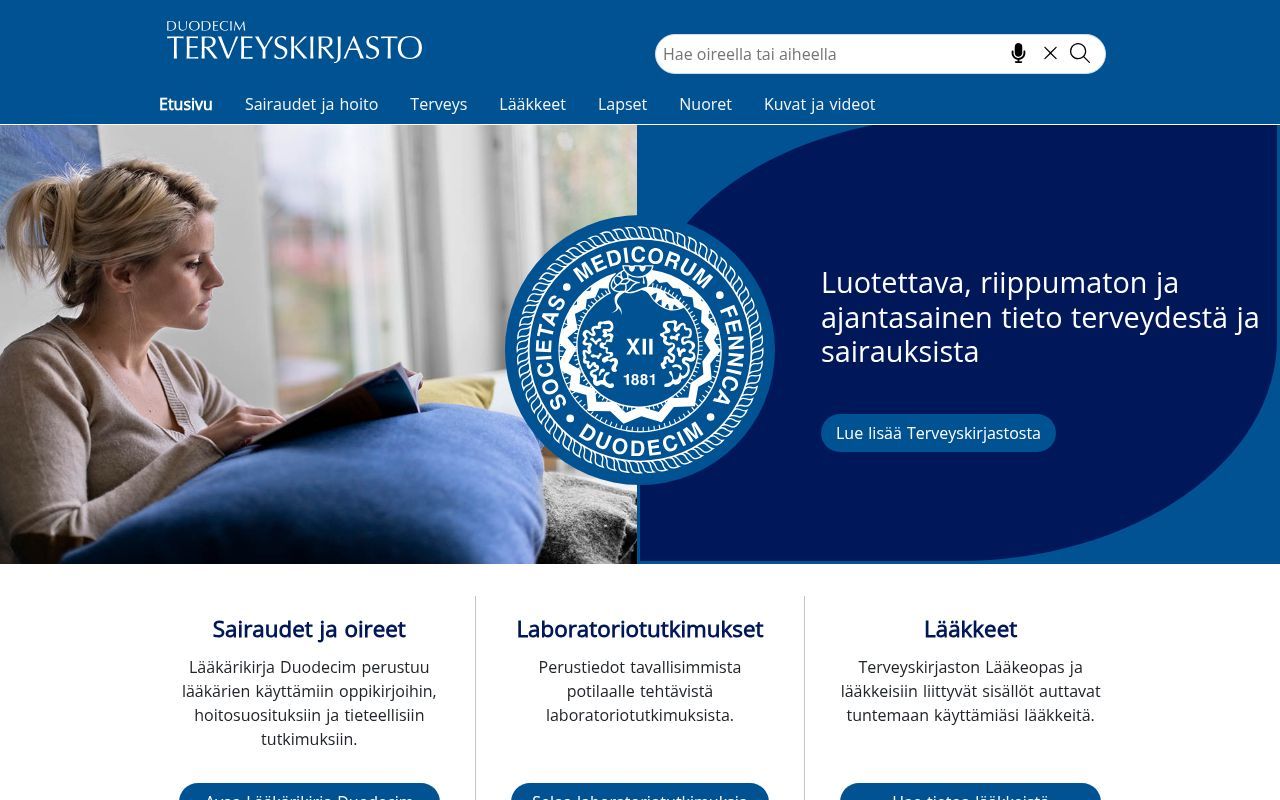 Homepage screenshot of terveyskirjasto.fi