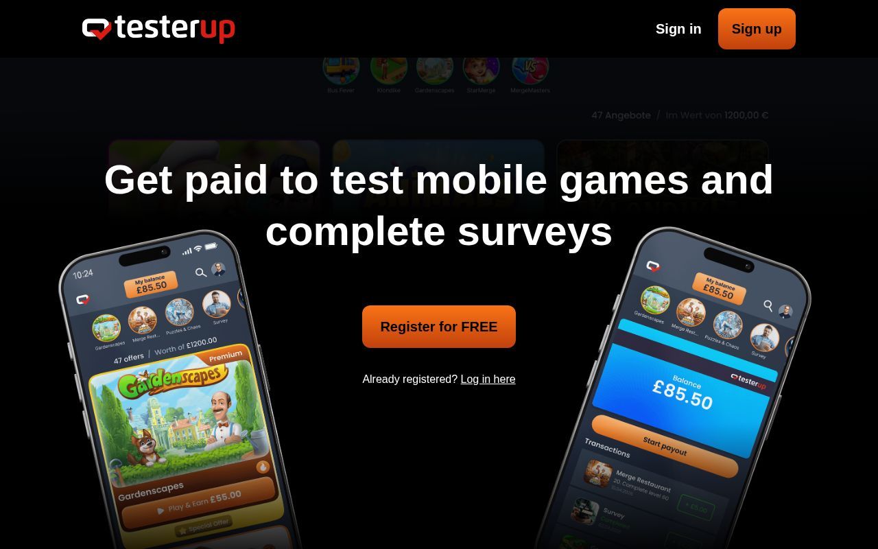 Homepage screenshot of testerup.com