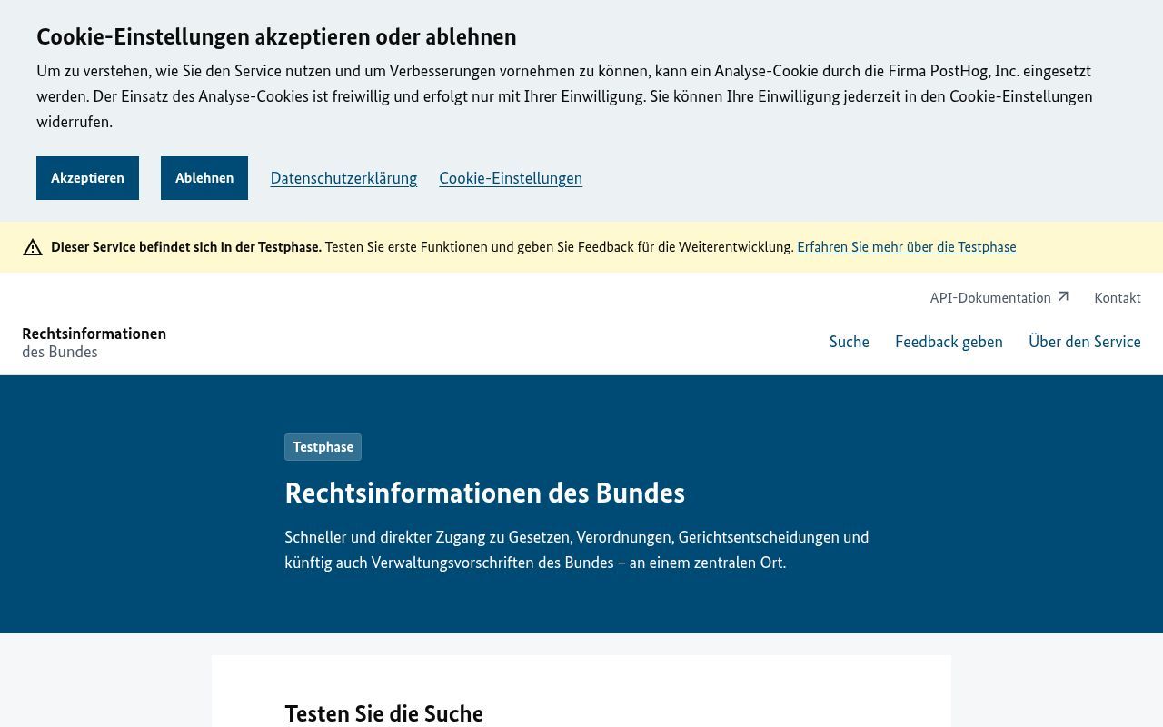 Homepage screenshot of testphase.rechtsinformationen.bund.de