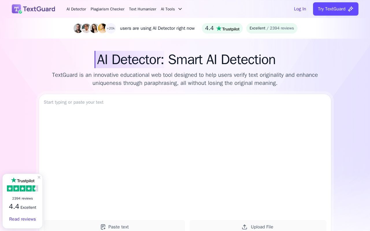 Homepage screenshot of textguard.ai