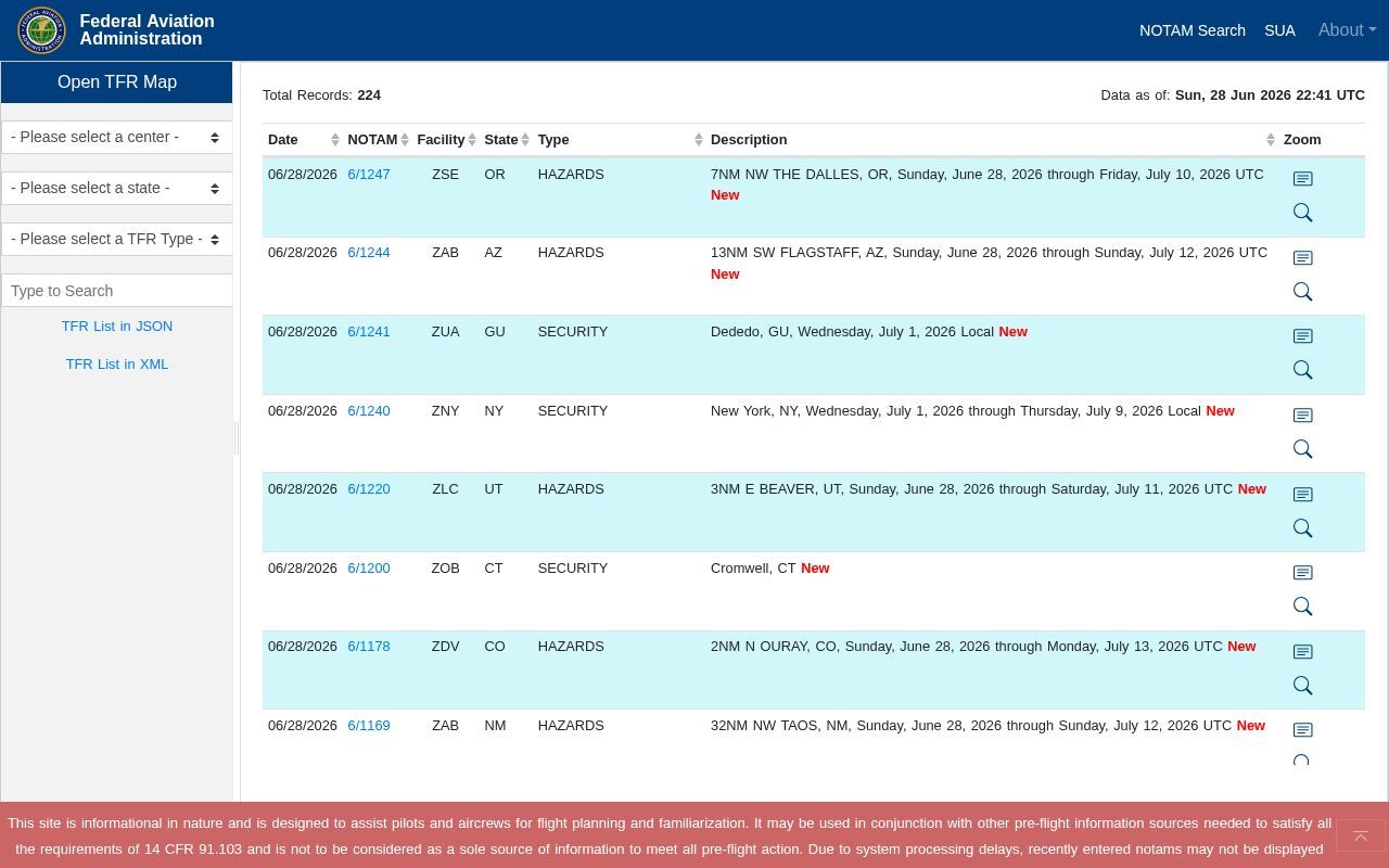 Homepage screenshot of tfr.faa.gov