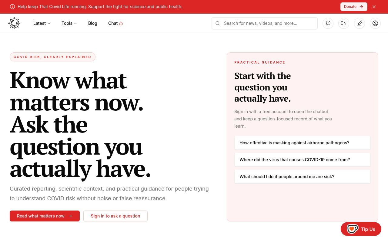 Homepage screenshot of thatcovid.life