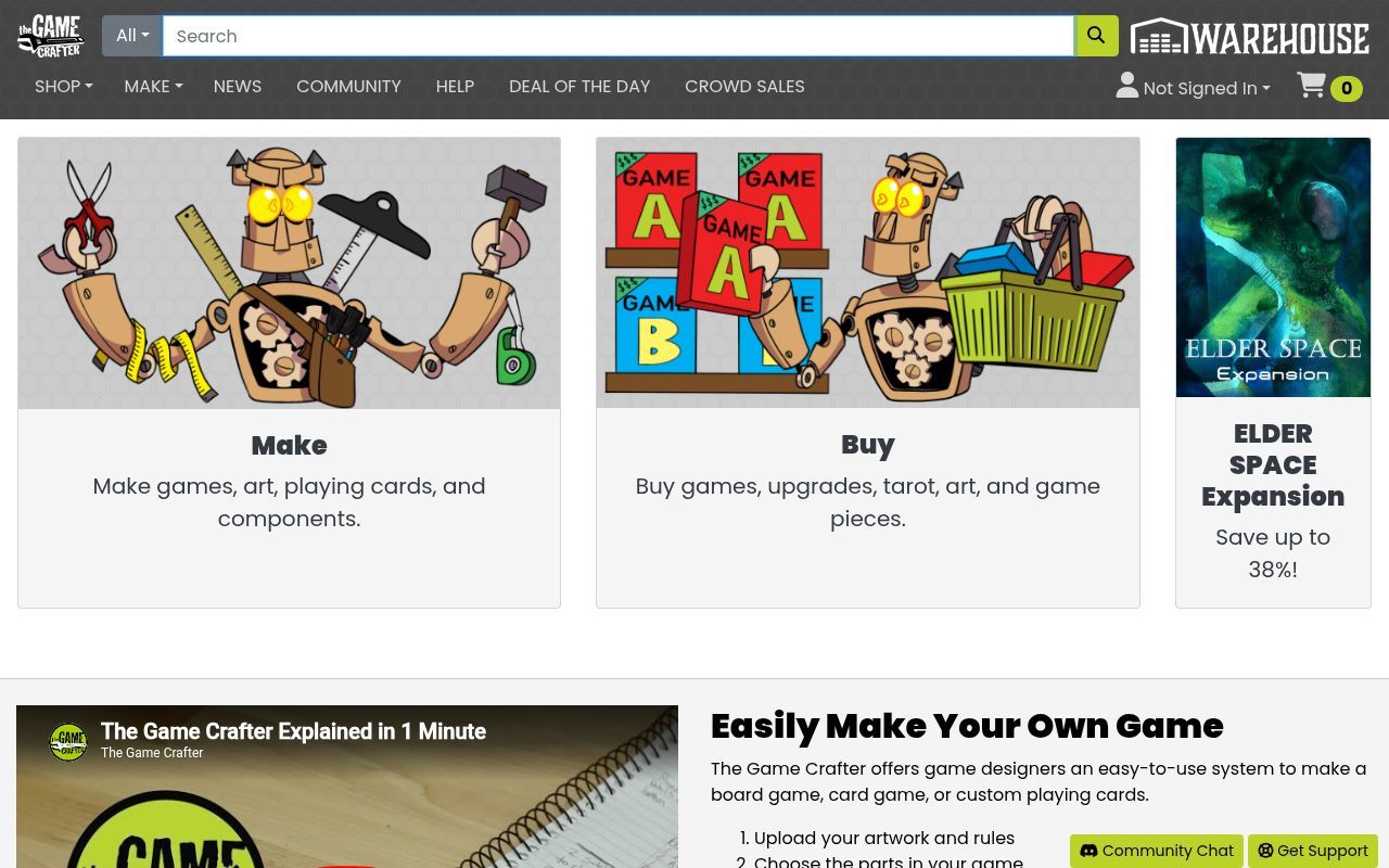 Homepage screenshot of thegamecrafter.com