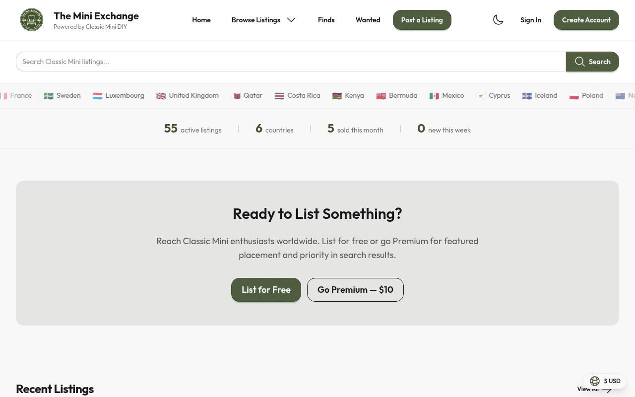Homepage screenshot of theminiexchange.com