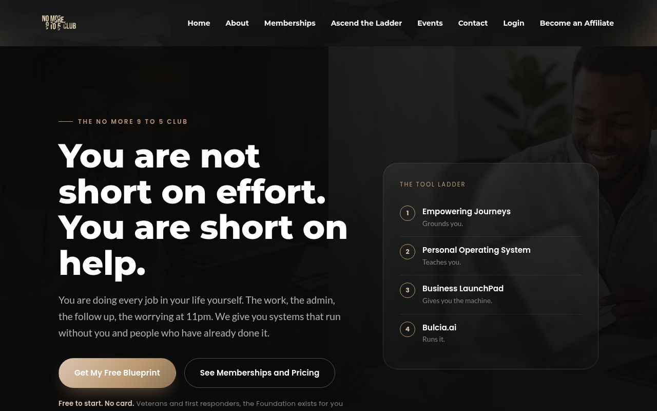 Homepage screenshot of thenomore9to5club.org
