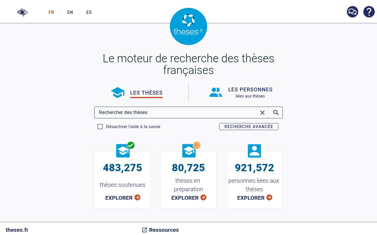 Homepage screenshot of theses.fr