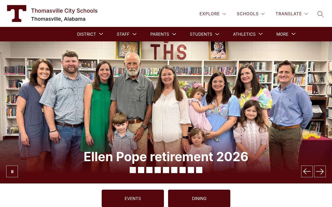 Homepage screenshot of thomasvilleschools.org