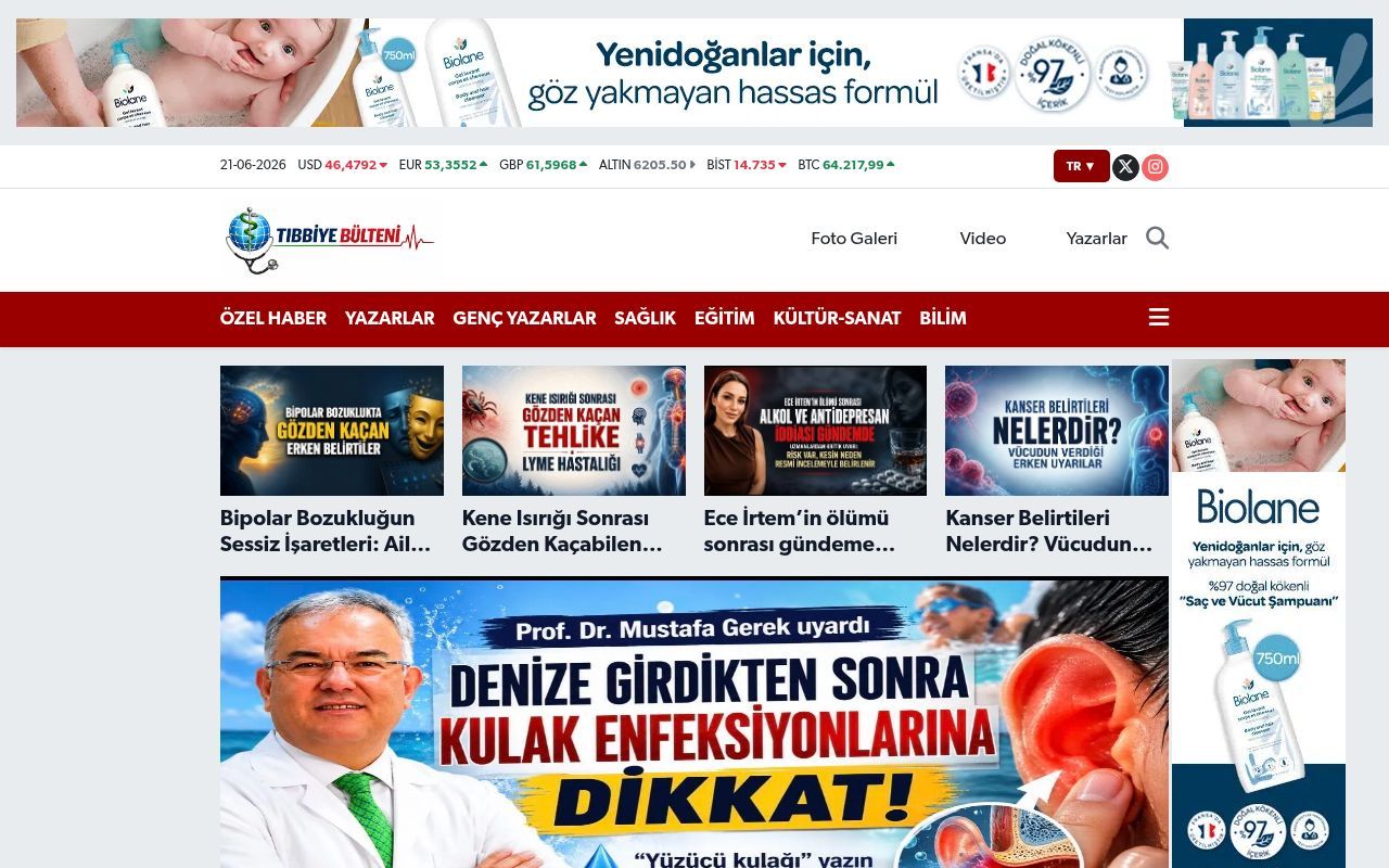 Homepage screenshot of tibbiyebulteni.com