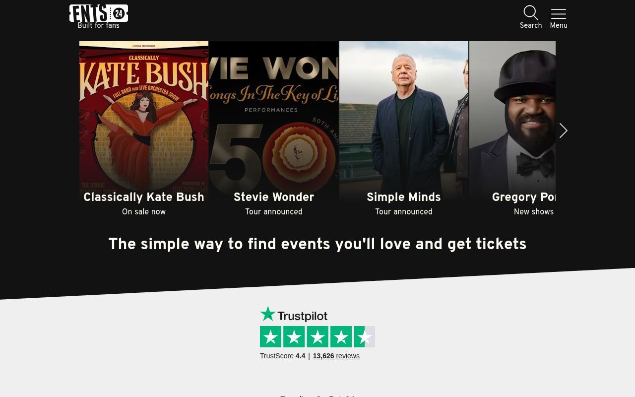 Homepage screenshot of tickets.ents24.com
