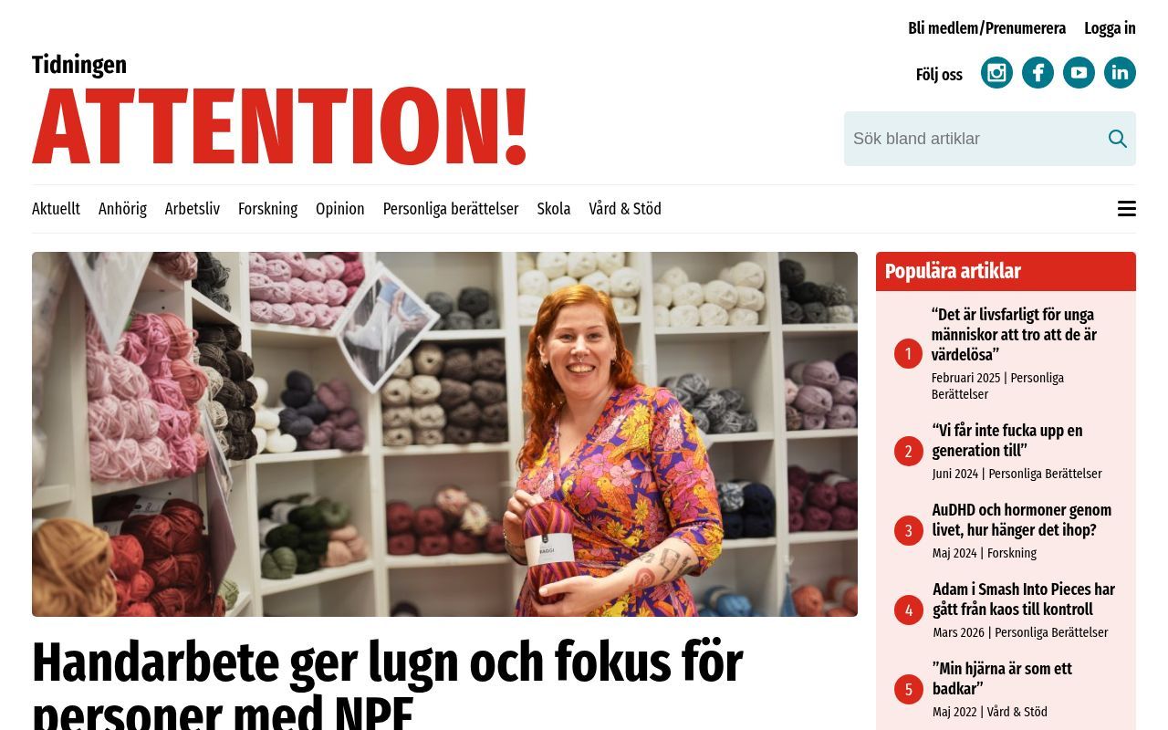 Homepage screenshot of tidningenattention.se