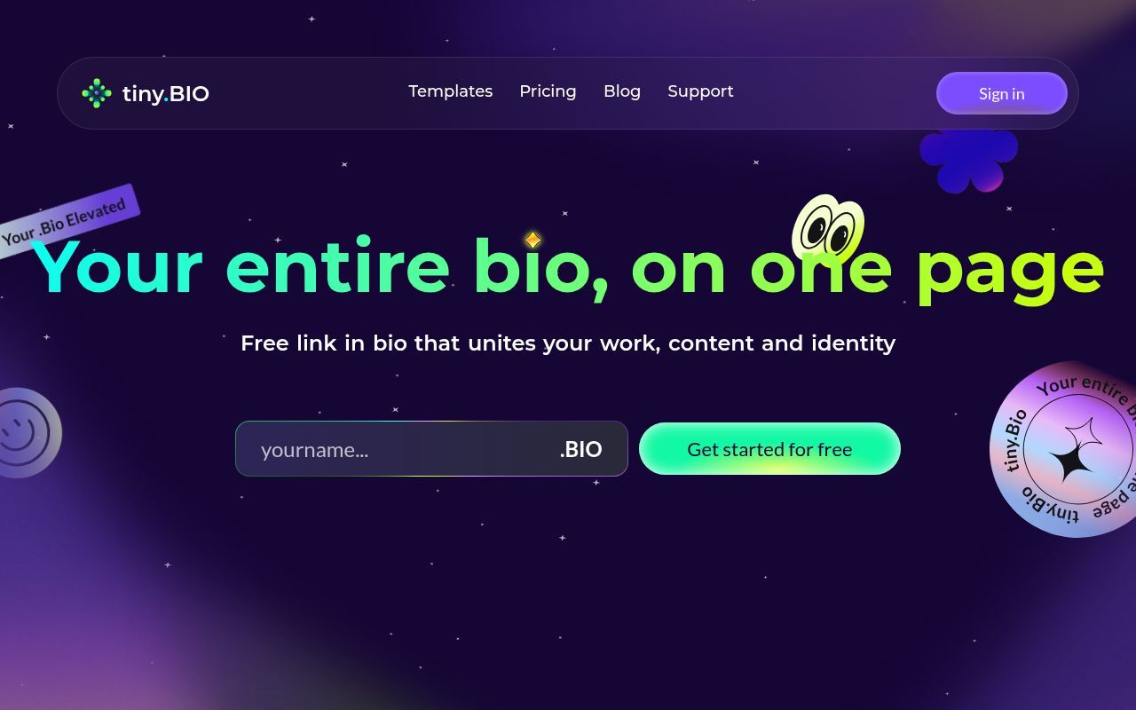 Homepage screenshot of tiny.bio