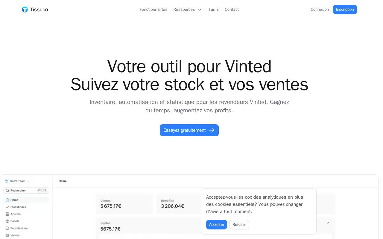 Homepage screenshot of tissuco.fr