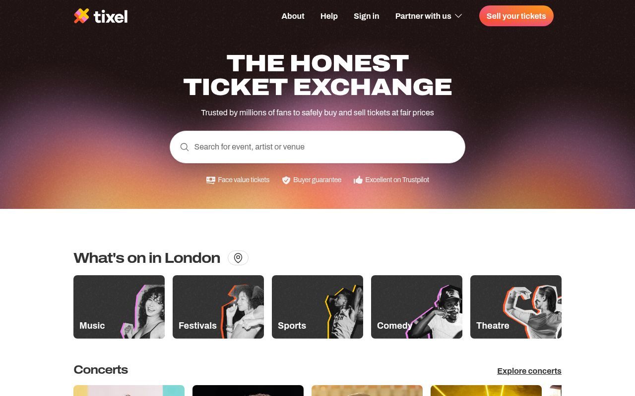 Homepage screenshot of tixel.com
