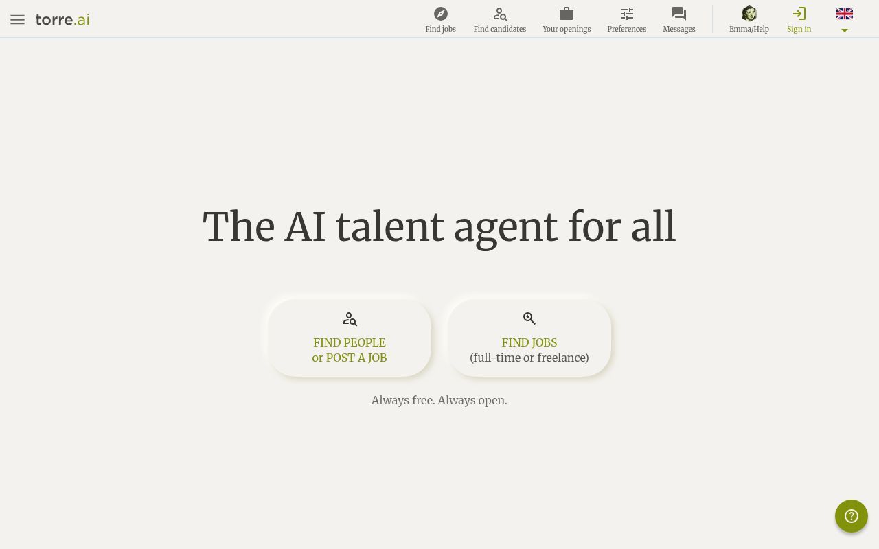 Homepage screenshot of torre.ai