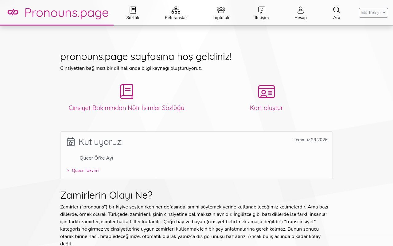 Homepage screenshot of tr.pronouns.page