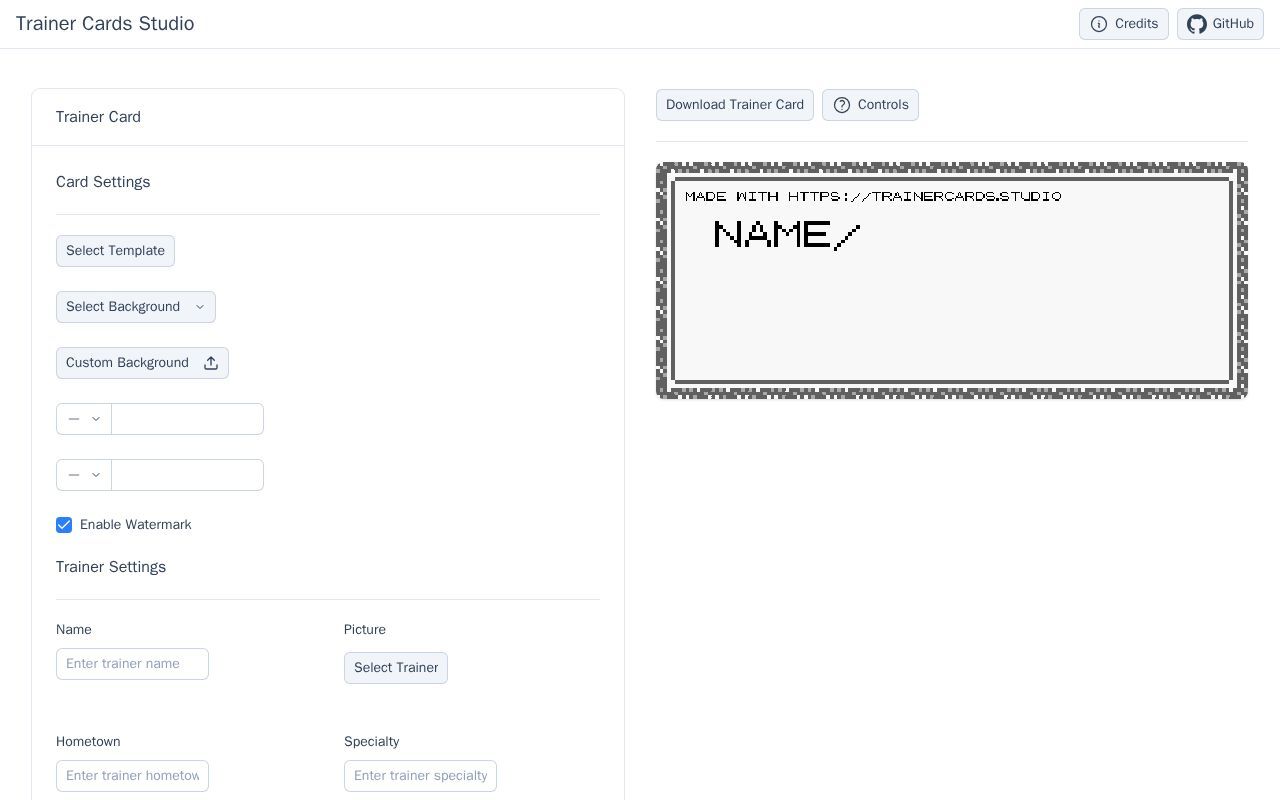 Homepage screenshot of trainercards.studio
