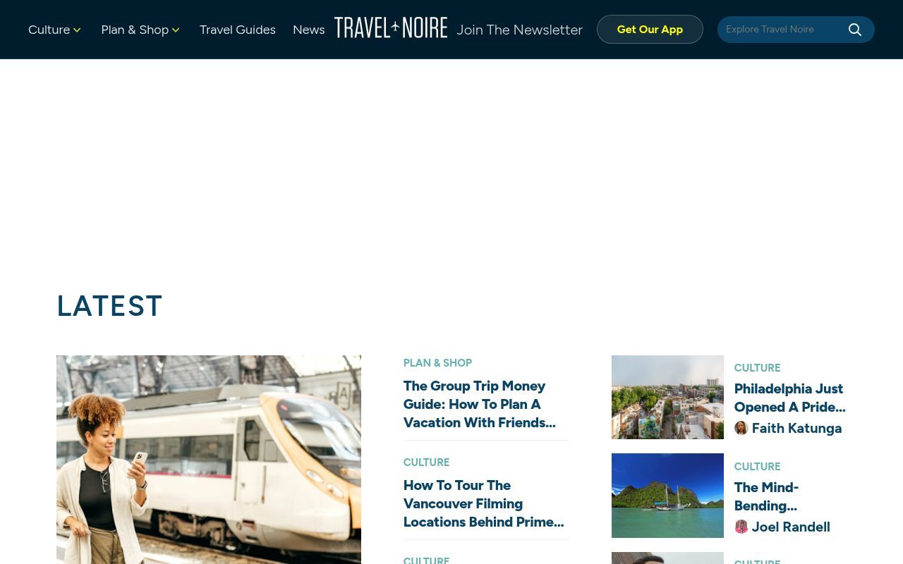 Homepage screenshot of travelnoire.com