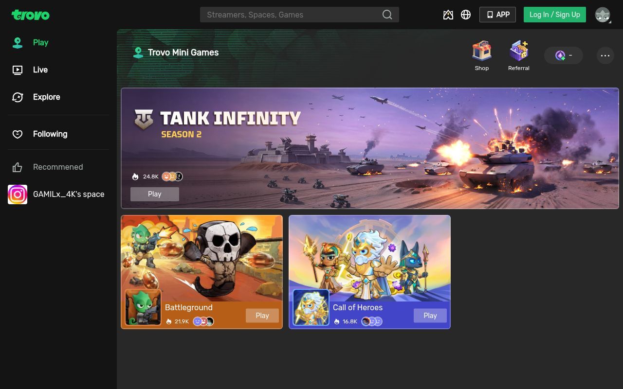 Homepage screenshot of trovo.live
