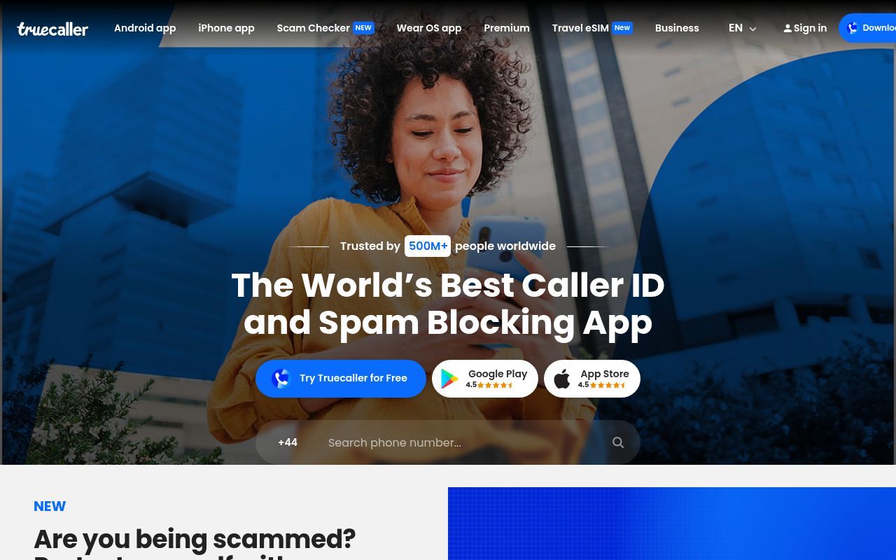 Homepage screenshot of truecaller.com