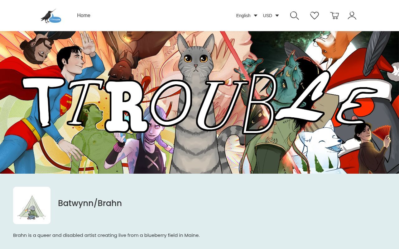 Homepage screenshot of ttrouble.artiststore.com