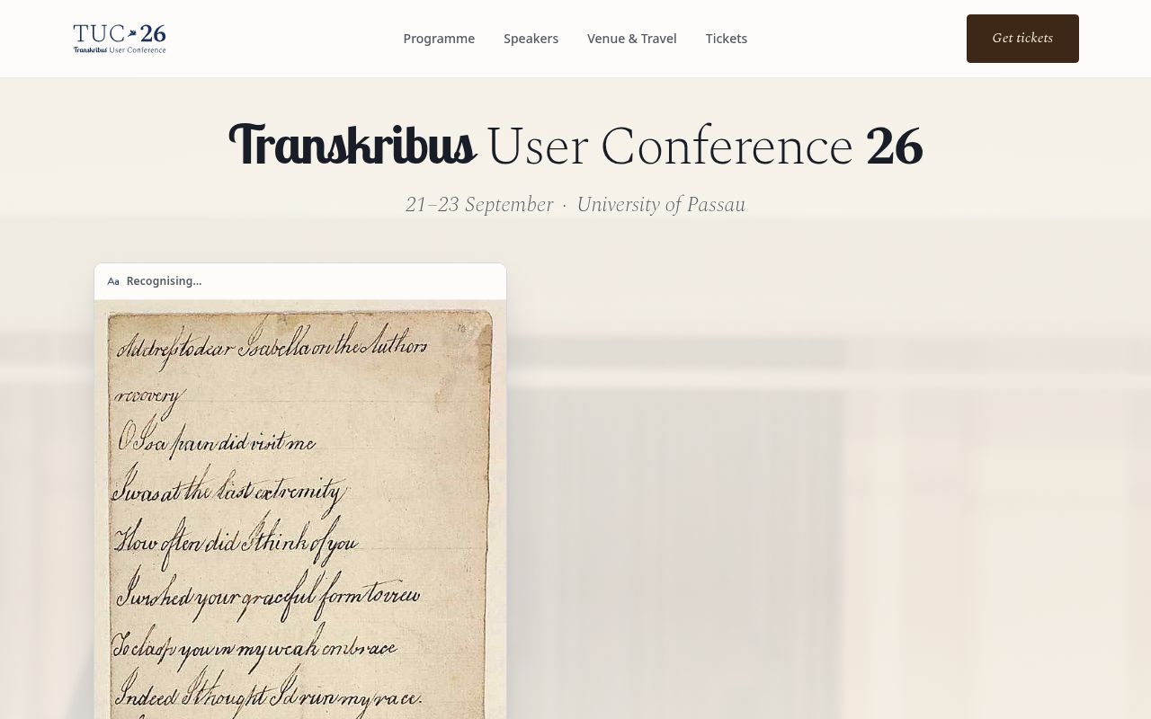 Homepage screenshot of tuc.transkribus.org
